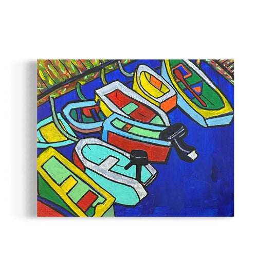 A bold acrylic painting by Andrew French featuring colorful boats lined up in a marina, viewed from above. The piece blends vivid hues of blue, red, yellow, and green with strong black outlines, evoking motion and energy on the water.