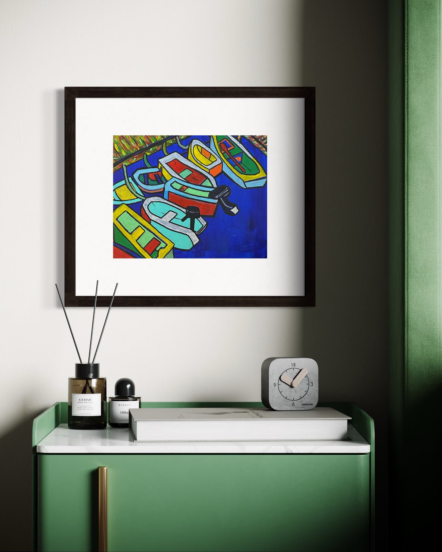 “Afloat” by Andrew French displayed in a modern interior with green accents and a marble console, adding bold color and nautical vibrance to the room.
