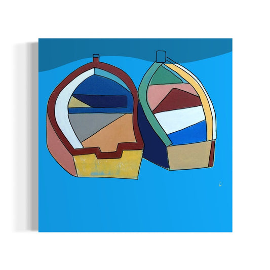 An acrylic painting by Andrew French featuring two abstract boats side by side on calm blue water. The geometric composition and bold color blocks symbolize unity, partnership, and the harmony found in shared journeys.