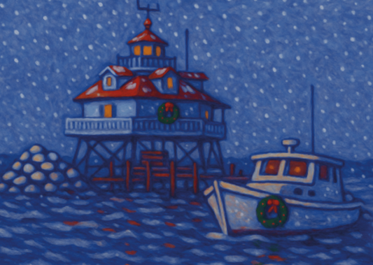 Lighthouse and boat decorated with Christmas wreaths as snow falls over the water.