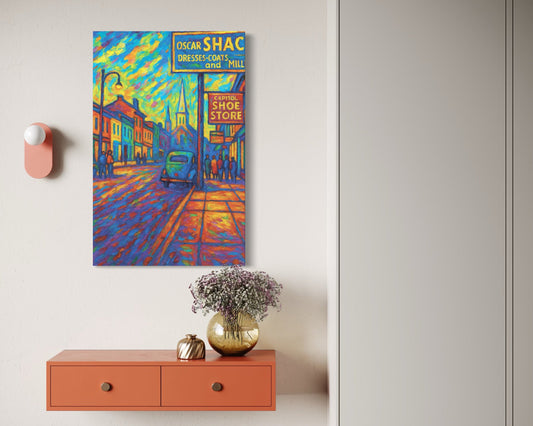 A brightly colored cityscape artwork hung above a coral floating console table. Soft lighting and simple, modern decor highlight the bold colors of the piece.