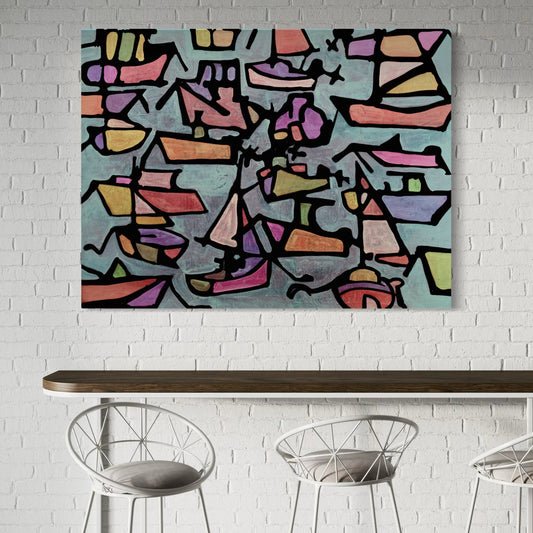“New Waves” by Andrew French displayed on a white brick wall above a modern bar table, adding dynamic movement and coastal energy to the space.