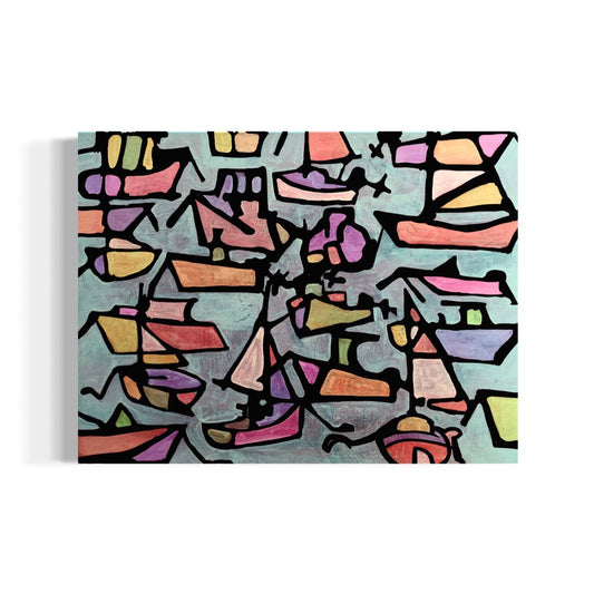 A colorful abstract acrylic painting by Andrew French depicting overlapping sailboats and watercraft outlined in black, filled with soft pastel tones of coral, lavender, and seafoam green. The piece evokes motion and the vibrant rhythm of Chesapeake waters.