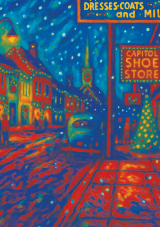 A colorful vintage downtown street decorated with Christmas lights, a tree, and falling snow.