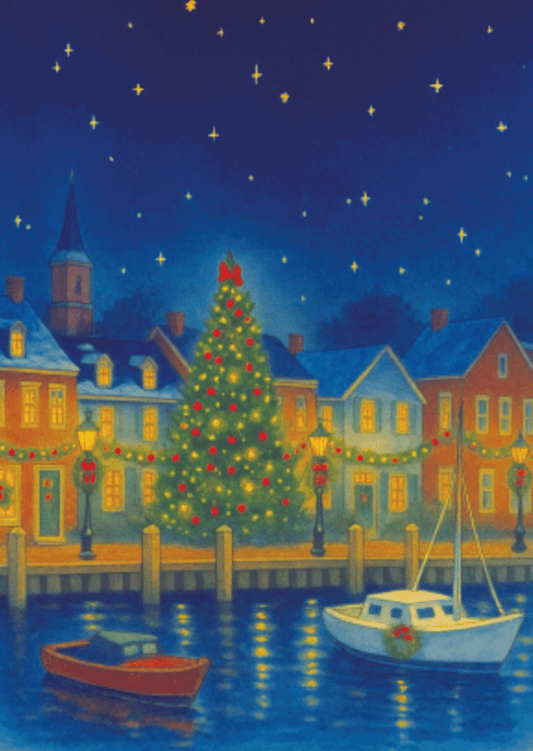 Waterfront homes decorated for Christmas with a large glowing tree and boats on the water.