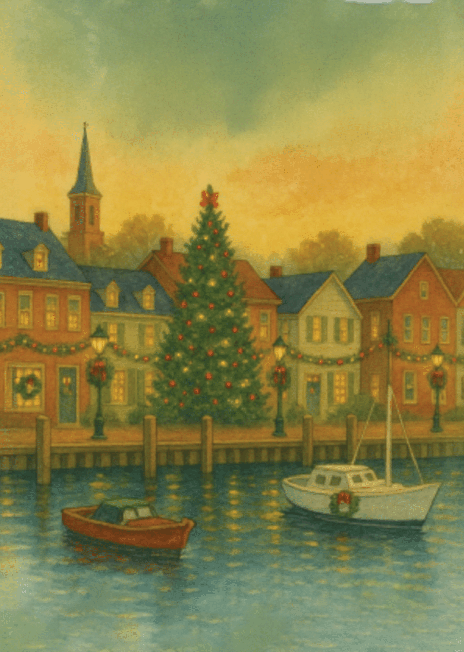 A glowing morning waterfront with a large Christmas tree and decorated houses.