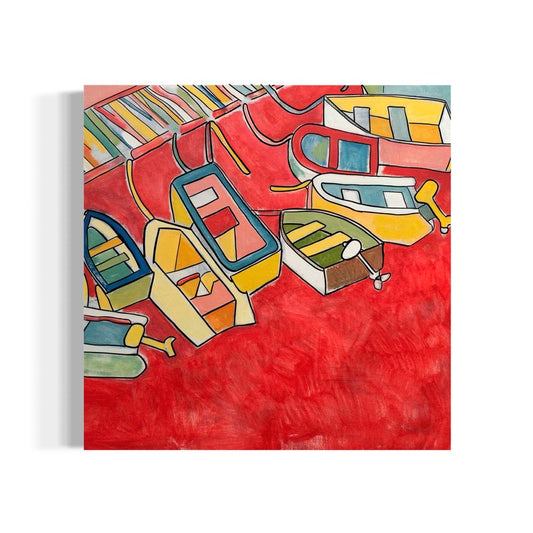 An abstract acrylic painting by Andrew French depicting small docked boats outlined in bold lines and resting on a vibrant red background. The piece combines warm yellows, oranges, and greens, evoking both movement and serenity in a surreal harbor setting.