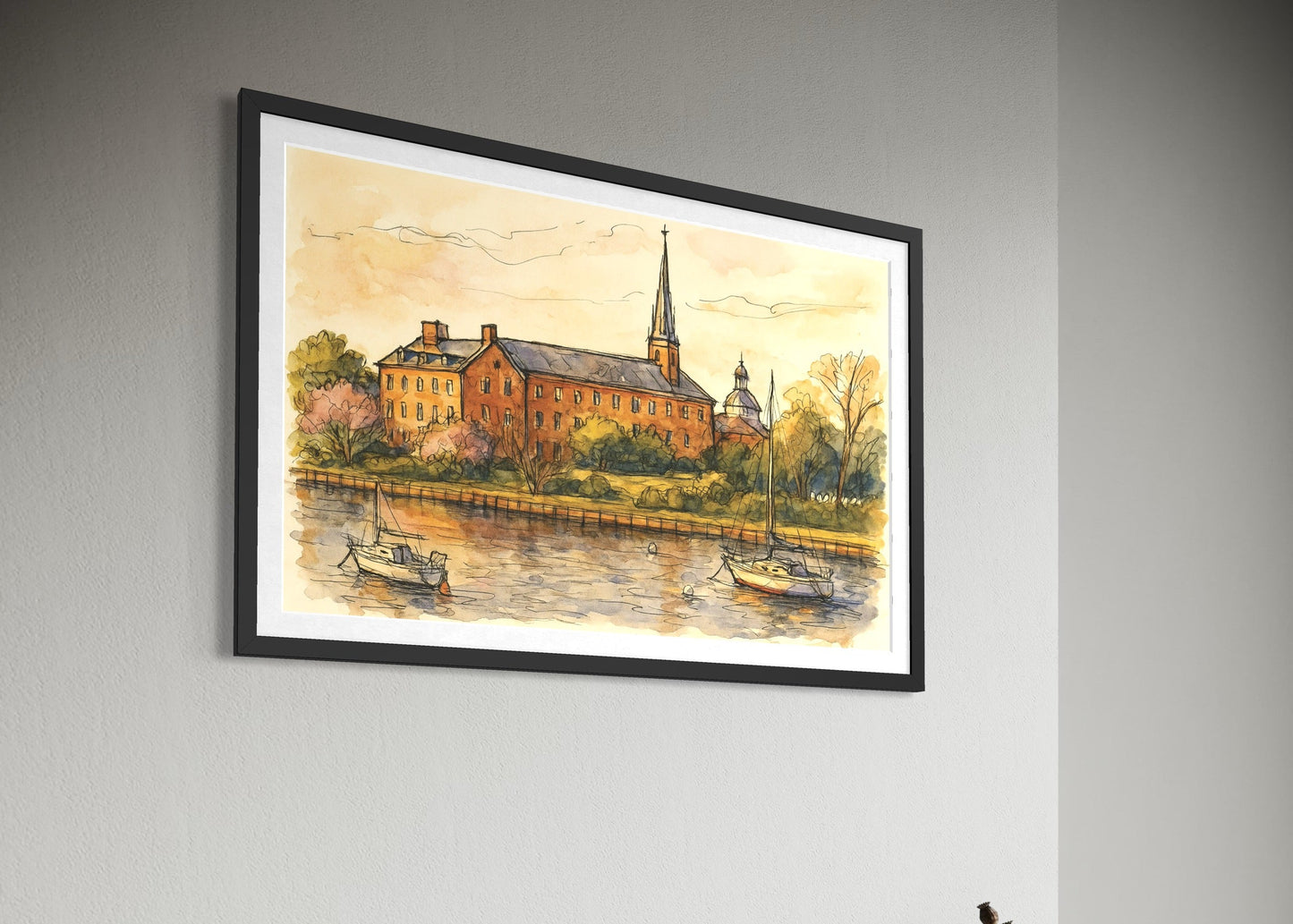 A framed artwork displayed above a modern fireplace with sculptural decor. Neutral tones and warm firelight create a calm, inviting living space.”