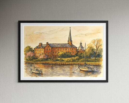 A framed artwork displayed above a modern fireplace with sculptural decor. Neutral tones and warm firelight create a calm, inviting living space.”