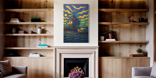 A framed artwork displayed above a fireplace in a modern living room with built-in wooden shelving. Soft lighting highlights the art as the focal point of the space.