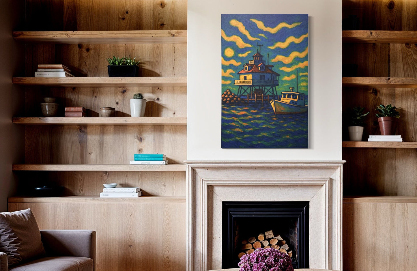 A framed artwork displayed above a fireplace in a modern living room with built-in wooden shelving. Soft lighting highlights the art as the focal point of the space.