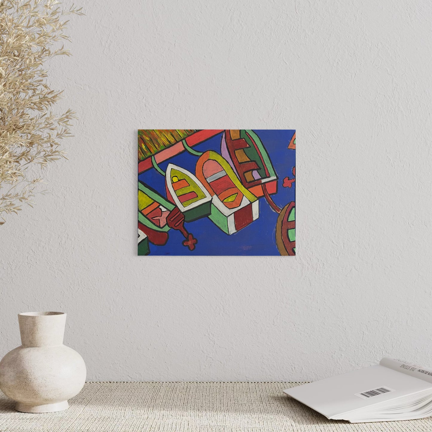 “Tied to the Color Line” by Andrew French displayed above a neutral-toned console with natural décor, highlighting the artwork’s rich colors and energetic maritime style.