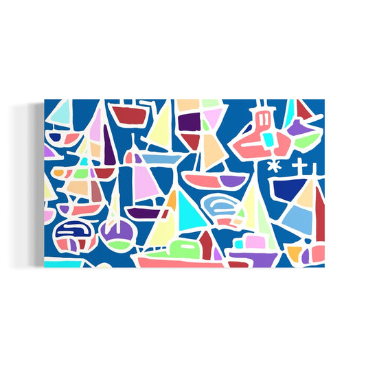 A bright abstract painting by Andrew French featuring colorful sailboats and tugboats arranged against a deep blue ocean background. The piece uses playful pastel tones of pink, teal, yellow, and purple outlined in white, evoking a cheerful, coastal energy.