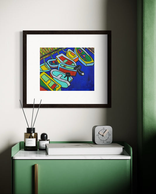 “Afloat” by Andrew French displayed in a modern interior with green accents and a marble console, adding bold color and nautical vibrance to the room.