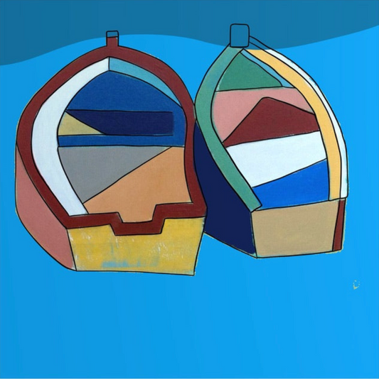 An acrylic painting by Andrew French featuring two abstract boats side by side on calm blue water. The geometric composition and bold color blocks symbolize unity, partnership, and the harmony found in shared journeys.