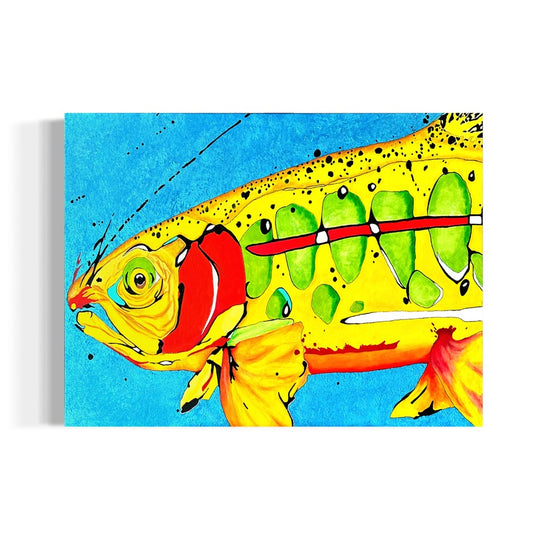 A vivid acrylic painting of a colorful fish with bold yellow, red, and green markings set against a bright blue background. The piece captures movement and texture through expressive brushstrokes and a dynamic composition.