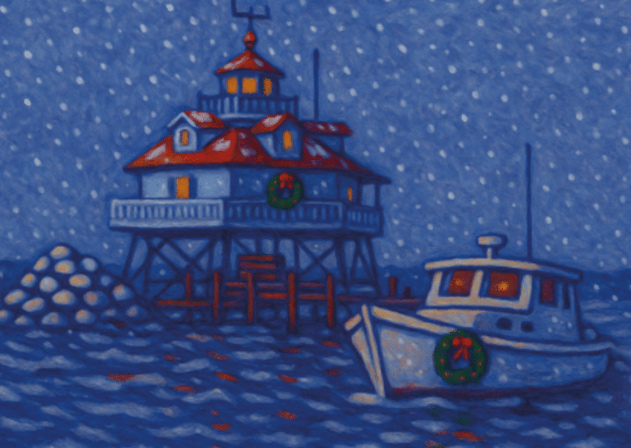Lighthouse and boat decorated with Christmas wreaths as snow falls over the water.