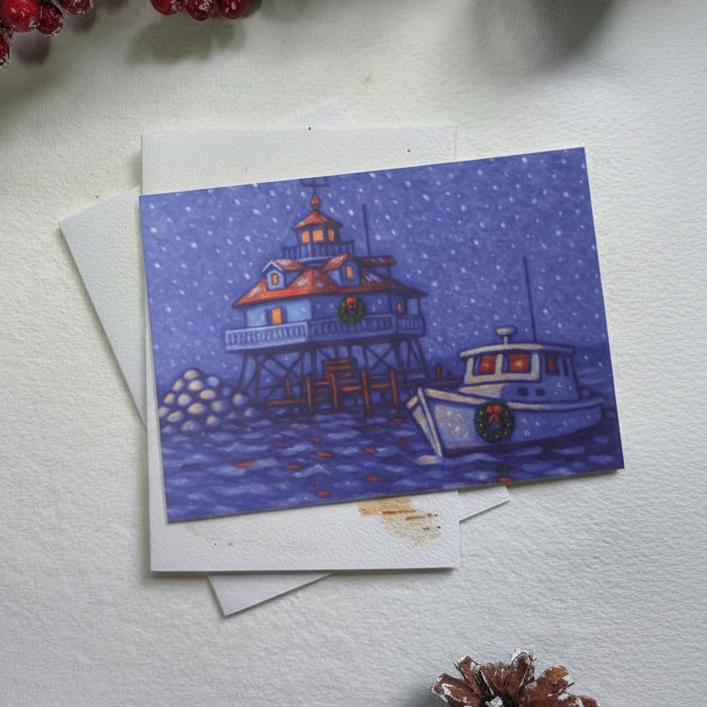 Greeting card with a lighthouse illustration on a white surface with decorative elements.