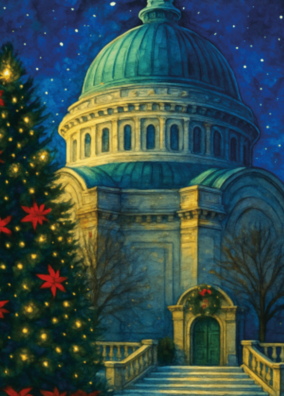 A nighttime cathedral with a glowing Christmas tree, wreaths, and a star-filled winter sky.