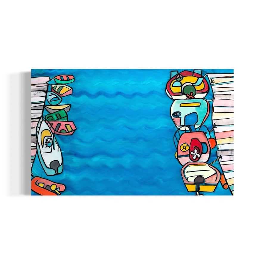 A vibrant acrylic painting by Andrew French featuring pastel-toned boats docked on either side of a bright blue harbor. The playful color palette and abstract outlines capture the peaceful charm of an Annapolis waterfront scene.