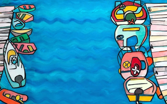 A vibrant acrylic painting by Andrew French featuring pastel-toned boats docked on either side of a bright blue harbor. The playful color palette and abstract outlines capture the peaceful charm of an Annapolis waterfront scene.