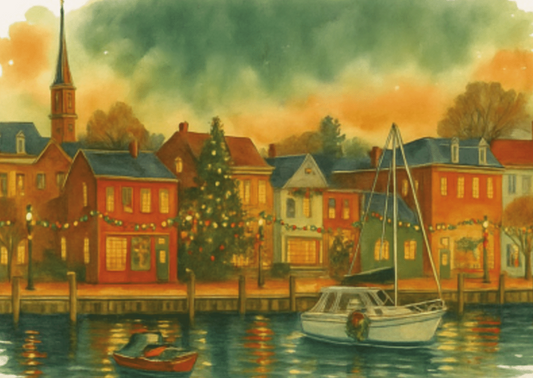 Cozy waterfront homes decorated with garland and a lighted Christmas scene.