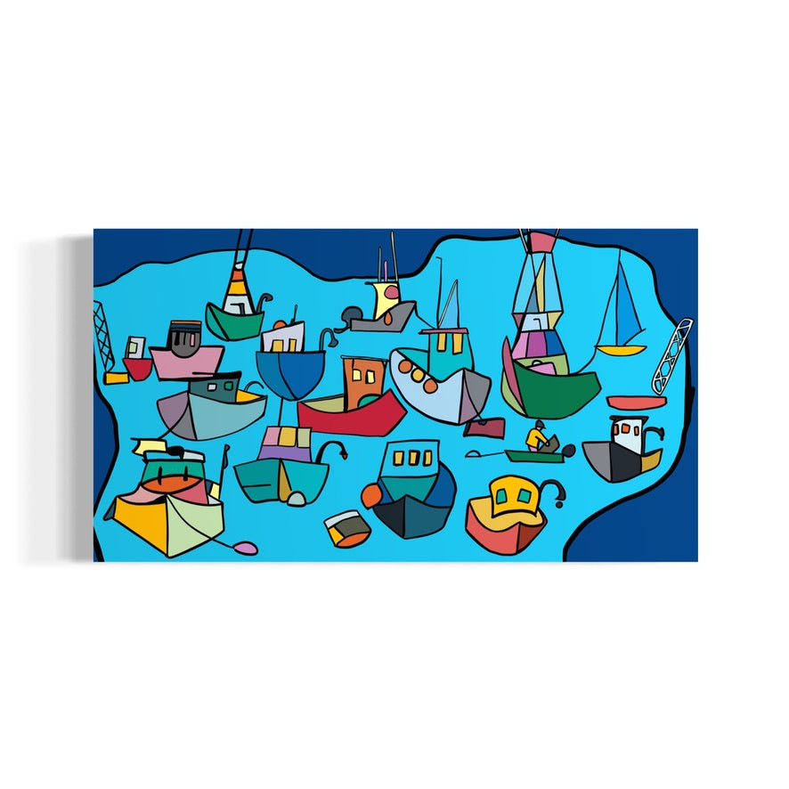 A colorful abstract acrylic painting by Andrew French depicting boats floating peacefully on calm blue water. Bold shapes and vibrant colors—red, green, yellow, and teal—create a modern, uplifting coastal scene.