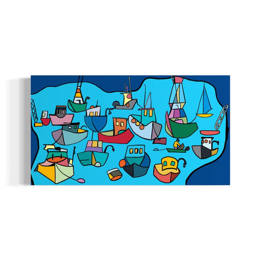 A colorful abstract acrylic painting by Andrew French depicting boats floating peacefully on calm blue water. Bold shapes and vibrant colors—red, green, yellow, and teal—create a modern, uplifting coastal scene.