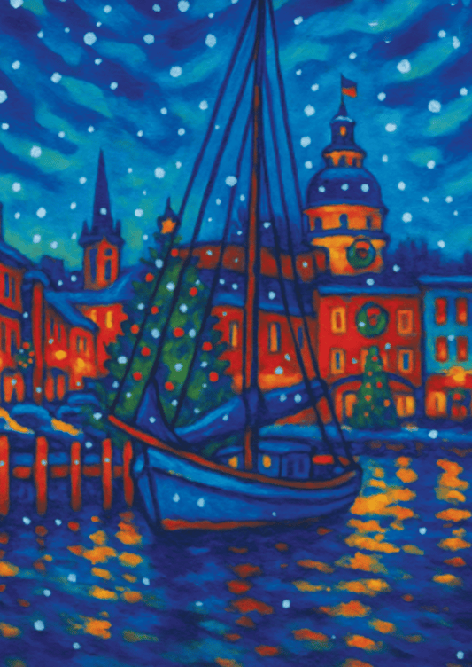 A vibrant snowy Annapolis waterfront with boats, Christmas trees, and holiday lights reflected in the water.