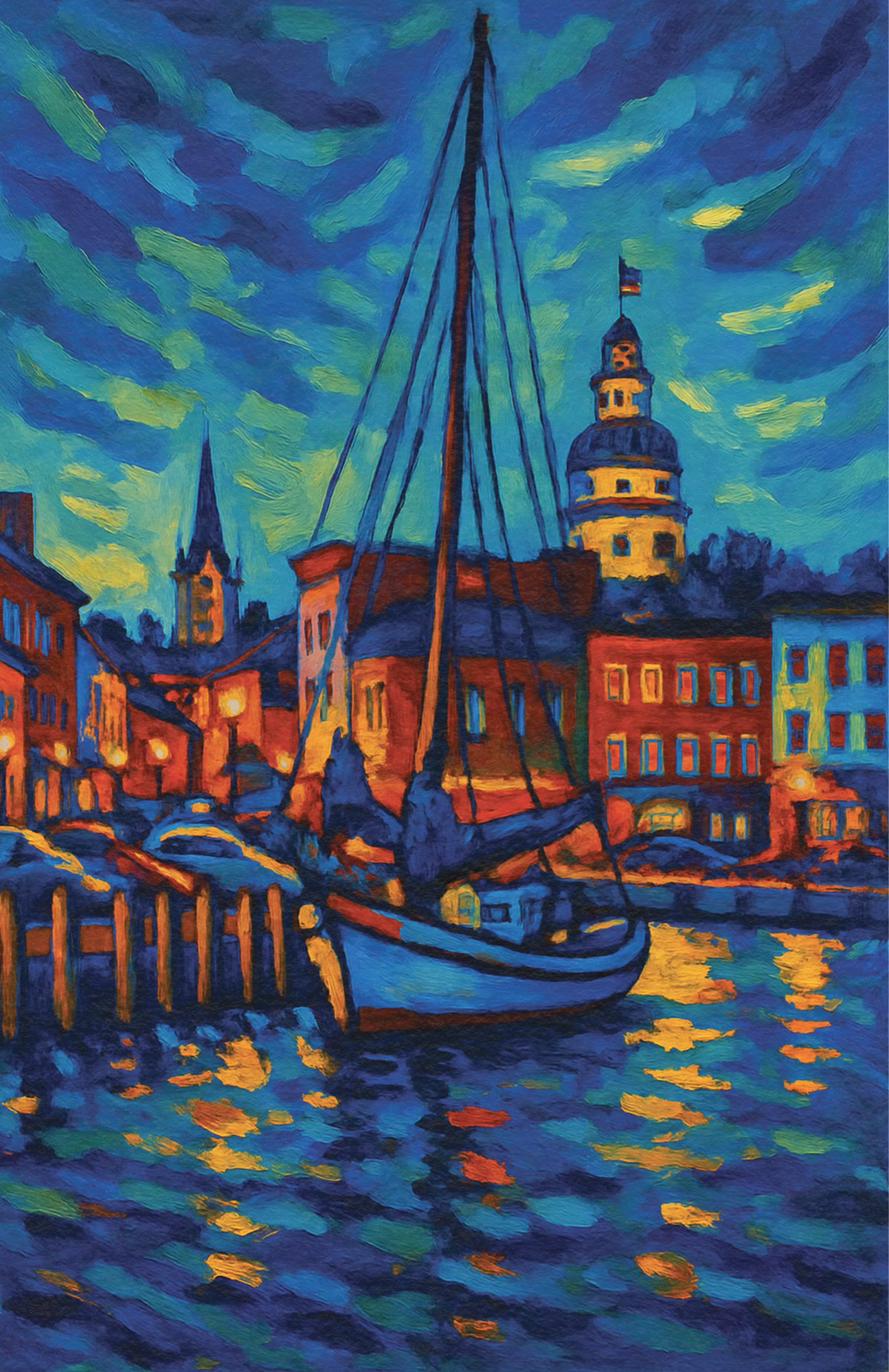 A vibrant acrylic painting of downtown Annapolis featuring the Maryland State House dome, glowing waterfront buildings, sailboat masts, and bold reflections in deep blue water with bright orange and yellow highlights.