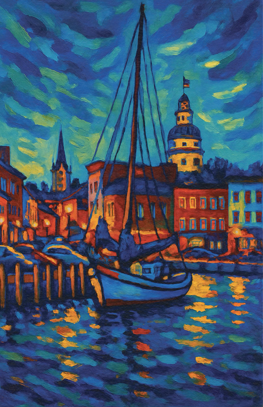 A vibrant acrylic painting of downtown Annapolis featuring the Maryland State House dome, glowing waterfront buildings, sailboat masts, and bold reflections in deep blue water with bright orange and yellow highlights.