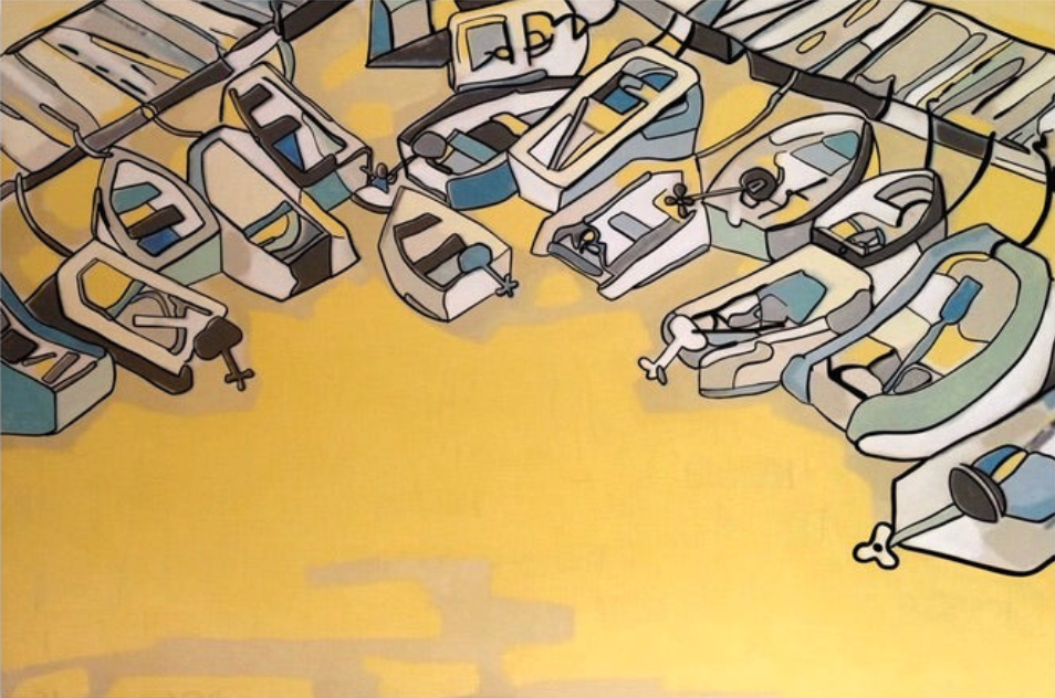 A detailed acrylic painting by Andrew French featuring small docked boats floating on golden-hued water. The artwork captures the warm, reflective light of sunset in Annapolis, blending yellow, blue, and soft gray tones in a modern coastal style.