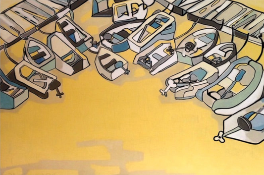 A detailed acrylic painting by Andrew French featuring small docked boats floating on golden-hued water. The artwork captures the warm, reflective light of sunset in Annapolis, blending yellow, blue, and soft gray tones in a modern coastal style.