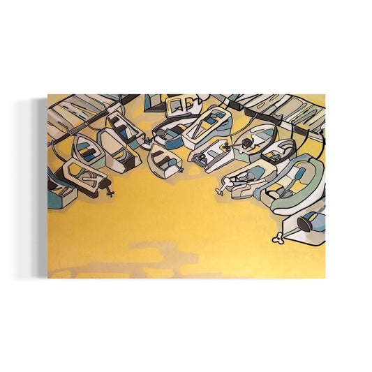 A detailed acrylic painting by Andrew French featuring small docked boats floating on golden-hued water. The artwork captures the warm, reflective light of sunset in Annapolis, blending yellow, blue, and soft gray tones in a modern coastal style.
