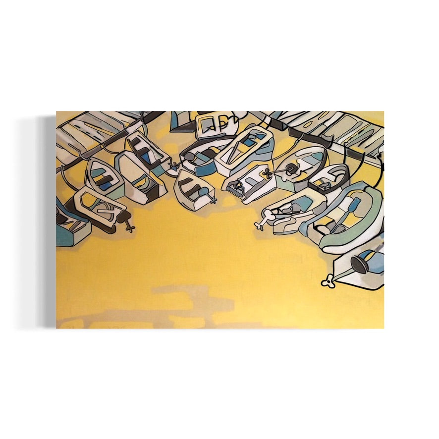A detailed acrylic painting by Andrew French featuring small docked boats floating on golden-hued water. The artwork captures the warm, reflective light of sunset in Annapolis, blending yellow, blue, and soft gray tones in a modern coastal style.