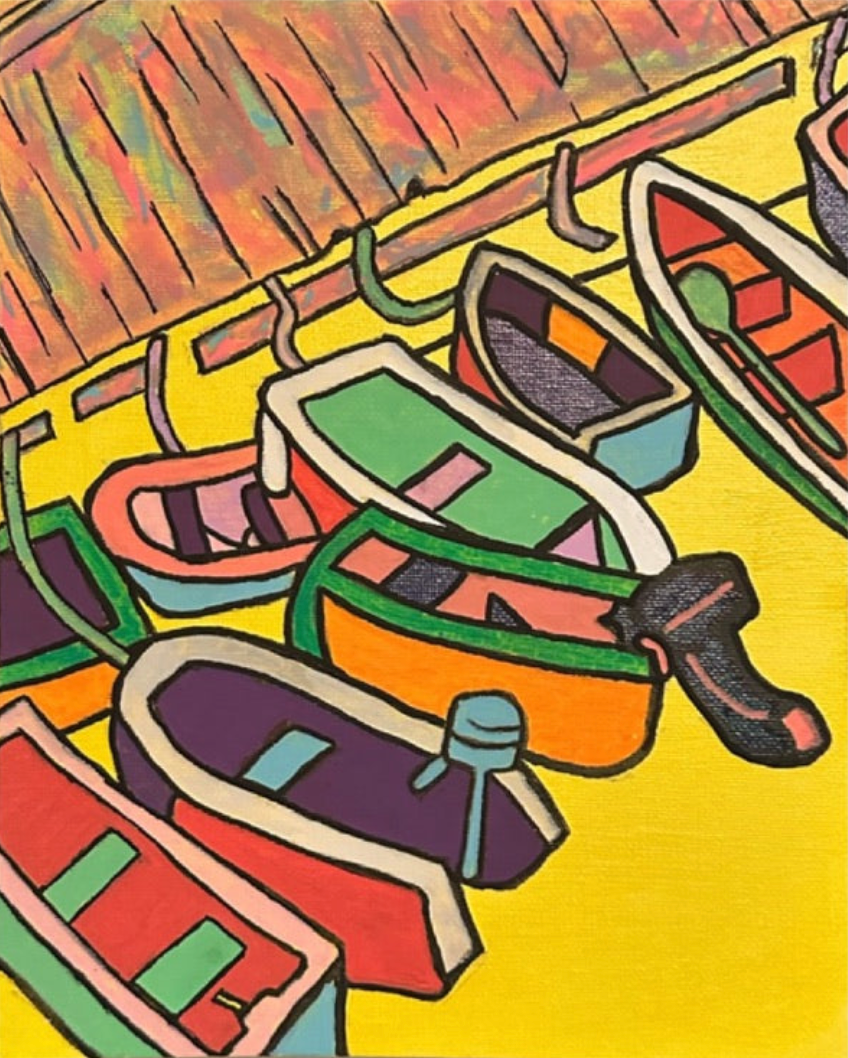 A colorful acrylic painting by Andrew French featuring small boats docked along a wooden pier, viewed from above. The piece bursts with yellow, orange, green, and purple tones, evoking the warmth and movement of a Chesapeake marina.