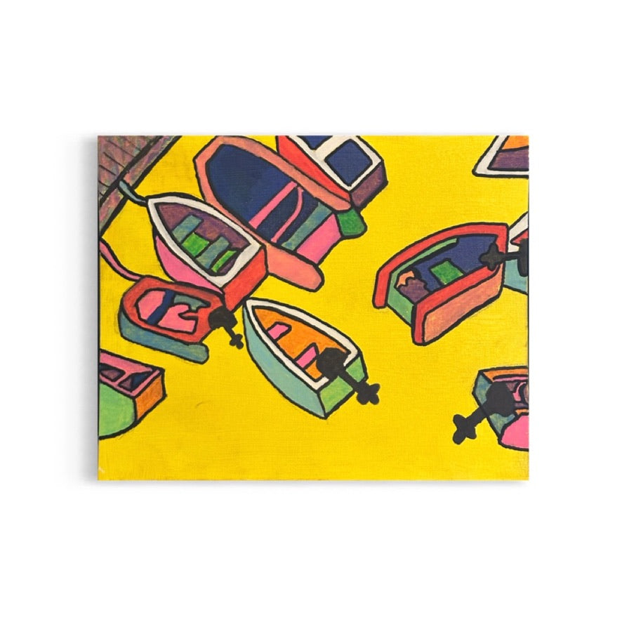 A bold acrylic painting by Andrew French featuring colorful boats floating across a bright yellow background. With strong outlines and abstracted shapes, the piece captures the playful rhythm of dockside life and the energy of coastal mornings.