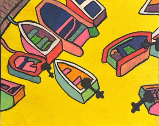 A bold acrylic painting by Andrew French featuring colorful boats floating across a bright yellow background. With strong outlines and abstracted shapes, the piece captures the playful rhythm of dockside life and the energy of coastal mornings.