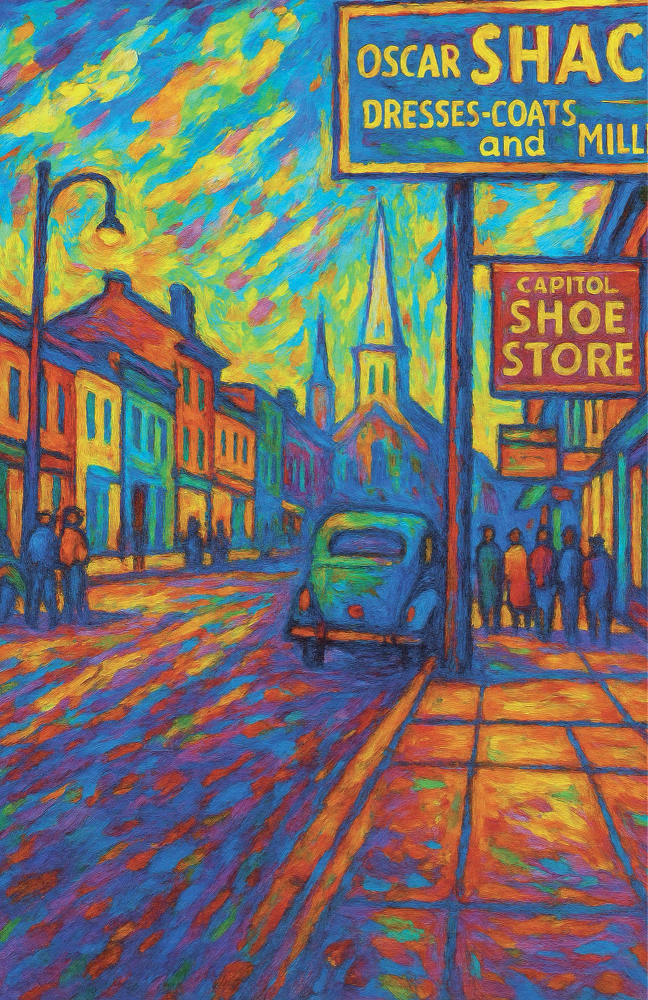 A vibrant acrylic painting of a vintage downtown street with glowing storefront signs, a classic car, church steeples, sidewalk figures, and bold reflections in vivid orange, blue, yellow, and teal brushstrokes.
