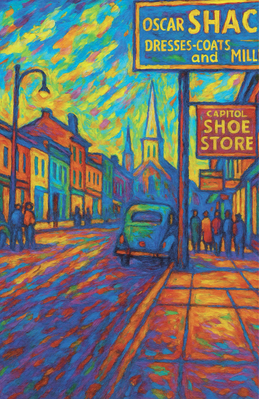A vibrant acrylic painting of a vintage downtown street with glowing storefront signs, a classic car, church steeples, sidewalk figures, and bold reflections in vivid orange, blue, yellow, and teal brushstrokes.