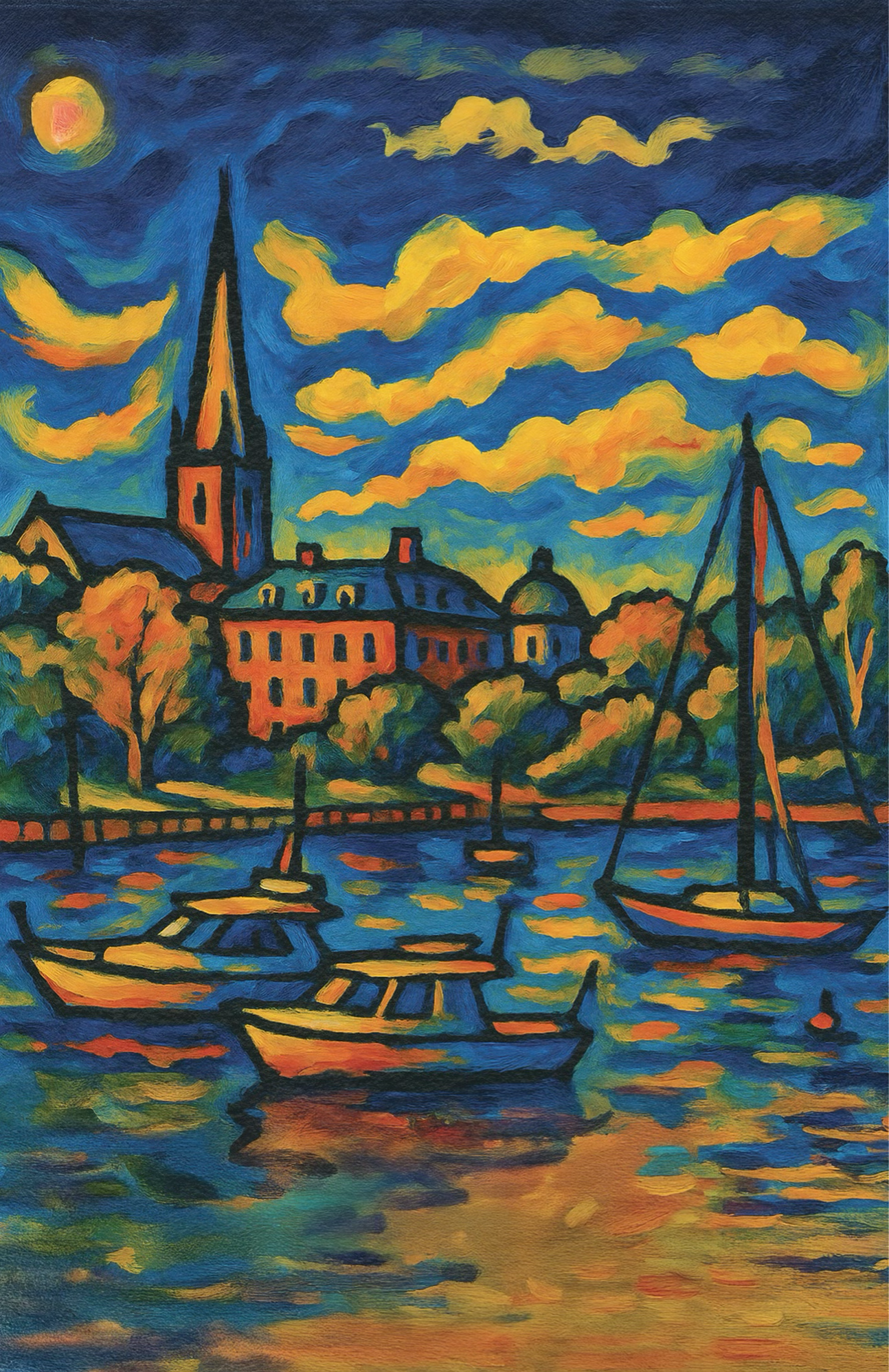 A vibrant acrylic painting of the Saint Mary’s campus and waterfront featuring glowing yellow clouds, bold blue sky, boats on colorful water, and expressive brushwork in orange, blue, and green tones.