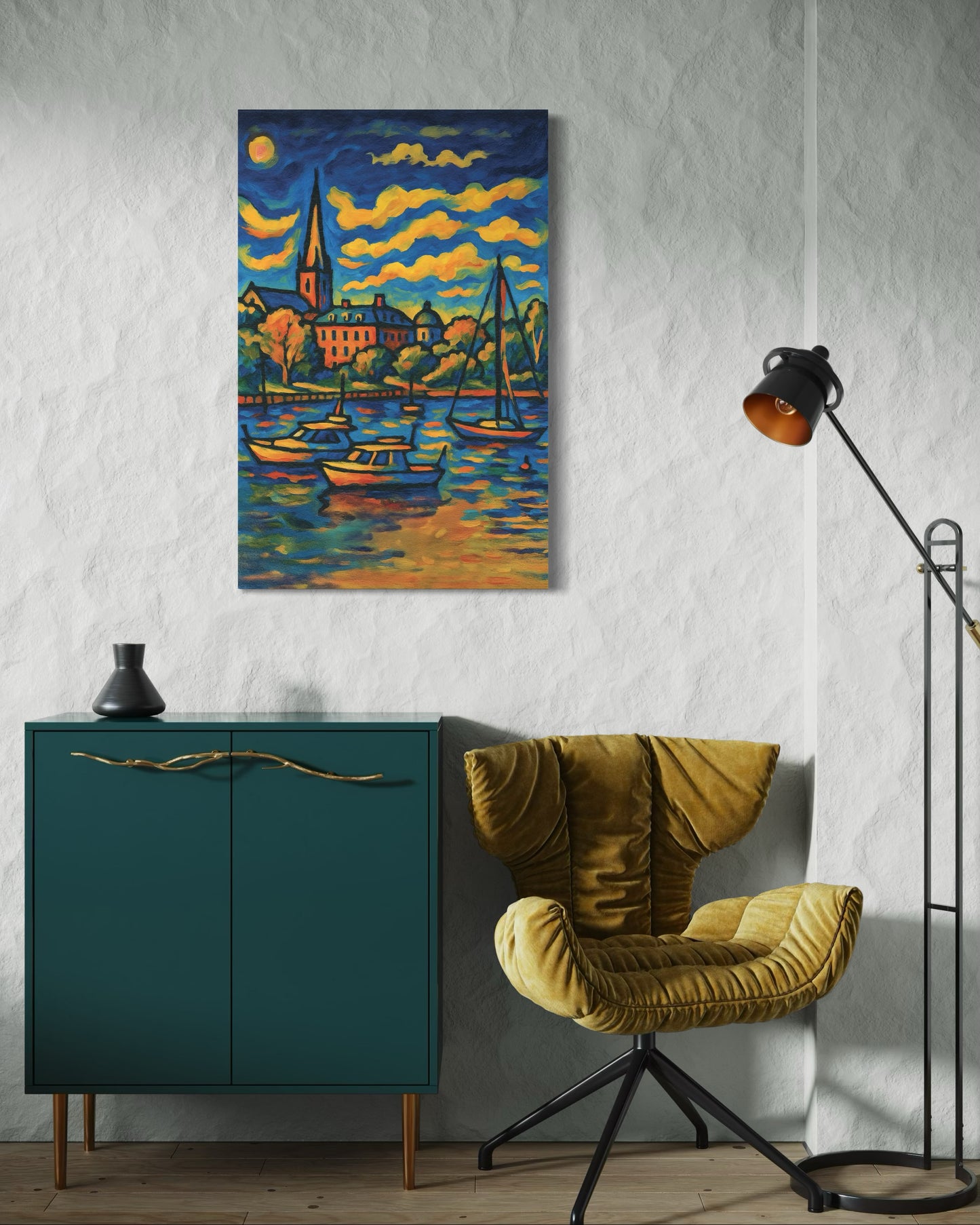 An acrylic artwork displayed on a textured white wall beside a mustard accent chair and modern teal cabinet. Bright interior lighting enhances the vivid colors of the piece.