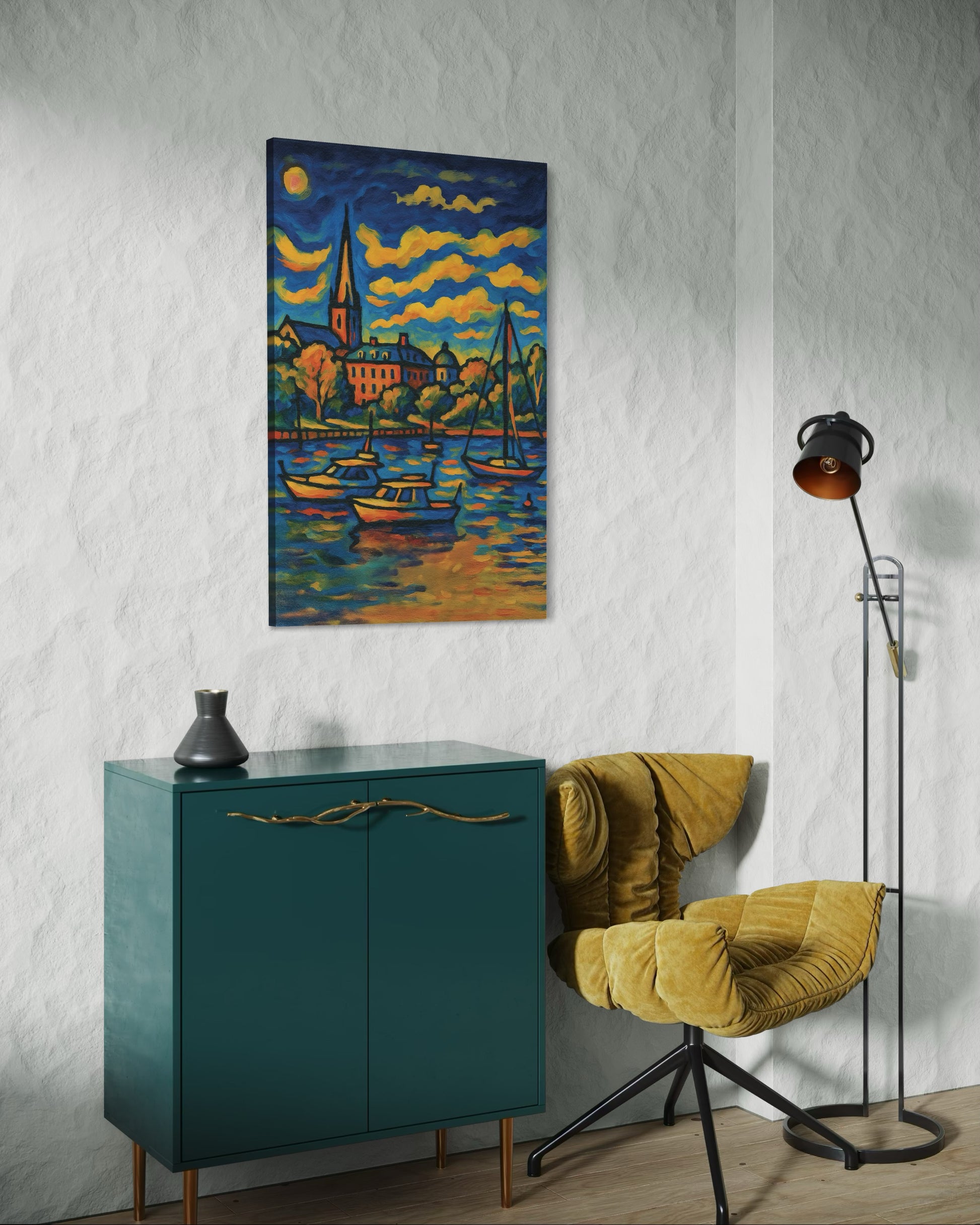 An acrylic artwork displayed on a textured white wall beside a mustard accent chair and modern teal cabinet. Bright interior lighting enhances the vivid colors of the piece.