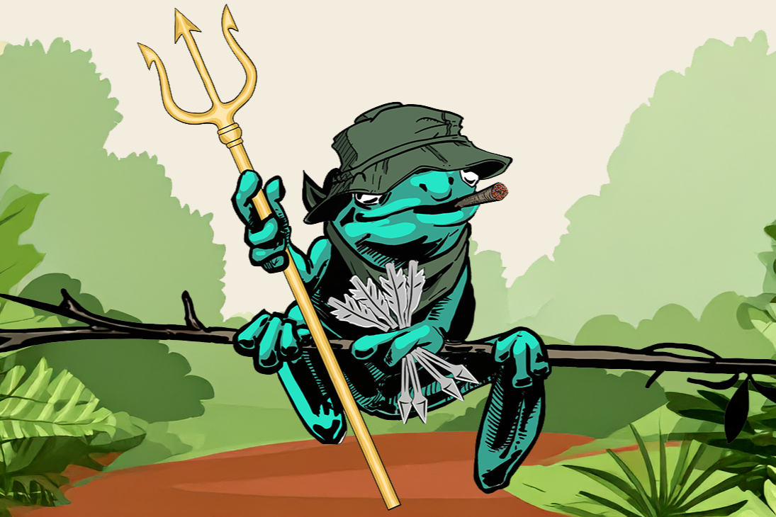 Illustration of the NAVSPECWEAR frog mascot sitting on a branch, holding a golden trident and a set of darts, wearing a green tactical hat and cigar, set against a jungle backdrop. The design symbolizes strength, grit, and special operations heritage with a bold, military-inspired aesthetic.