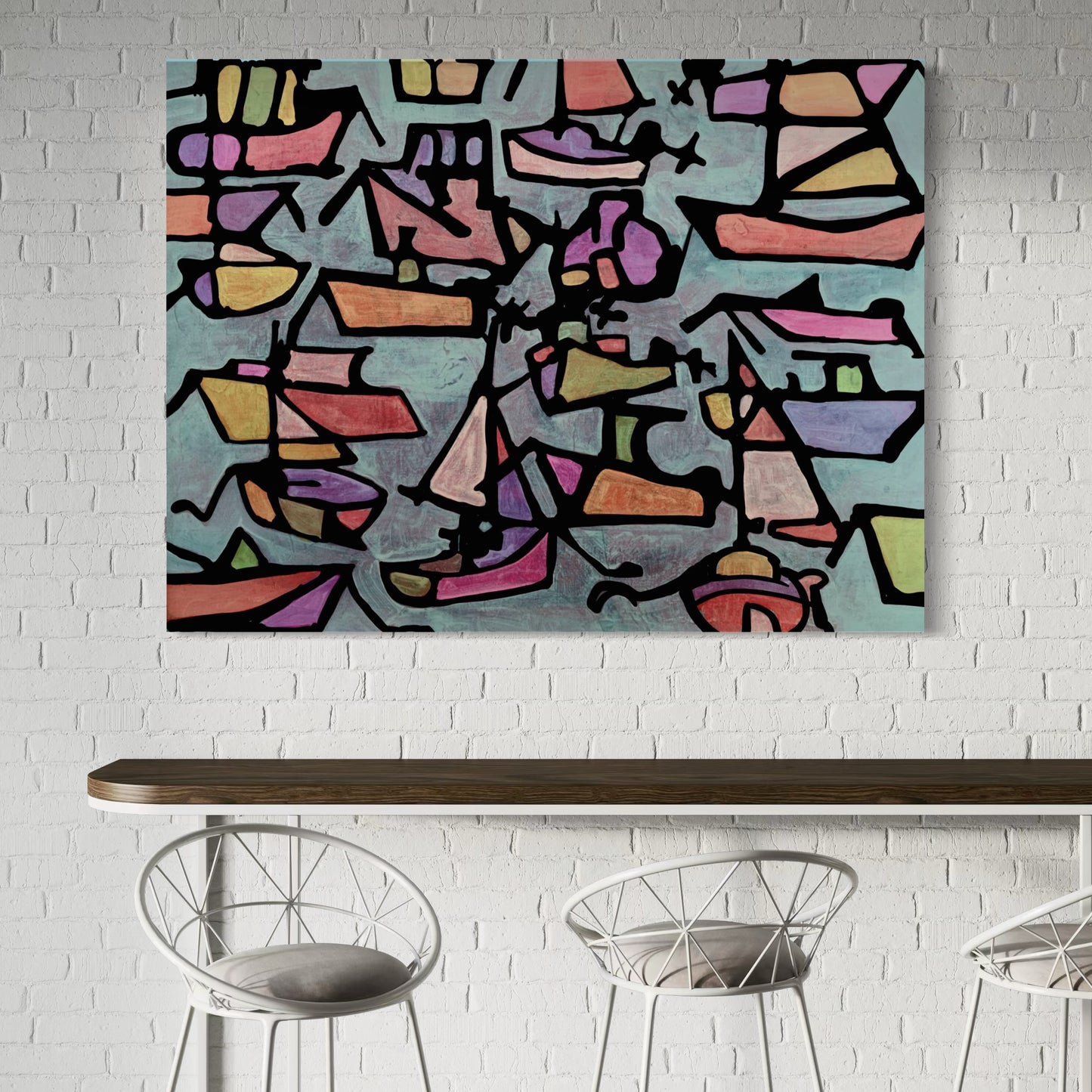 “New Waves” by Andrew French displayed on a white brick wall above a modern bar table, adding dynamic movement and coastal energy to the space.