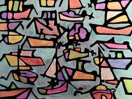 A colorful abstract acrylic painting by Andrew French depicting overlapping sailboats and watercraft outlined in black, filled with soft pastel tones of coral, lavender, and seafoam green. The piece evokes motion and the vibrant rhythm of Chesapeake waters.