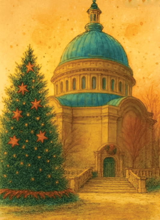 A warm-toned cathedral and glowing Christmas tree under a soft winter sky.