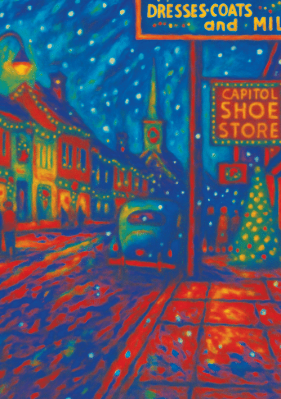 A colorful vintage downtown street decorated with Christmas lights, a tree, and falling snow.