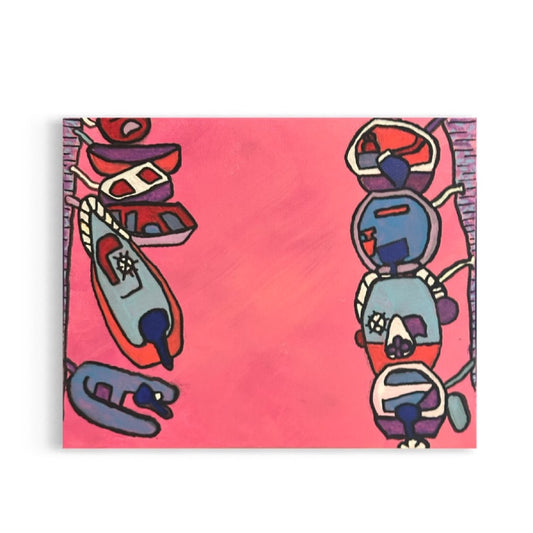 A vibrant acrylic painting by Andrew French featuring a series of stylized boats outlined in navy and white, floating along a bright pink background. The composition combines abstract coastal design with bold color and carefree energy.