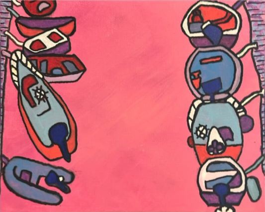 A vibrant acrylic painting by Andrew French featuring a series of stylized boats outlined in navy and white, floating along a bright pink background. The composition combines abstract coastal design with bold color and carefree energy.